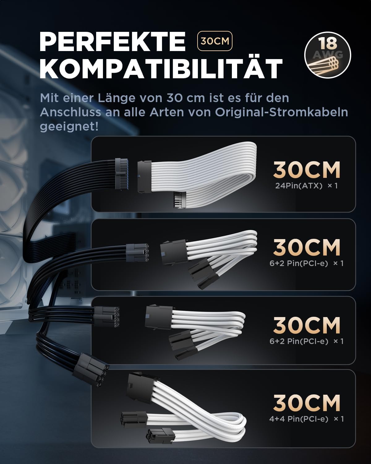 Thumbnail 2 de AsiaHorse PSU Kabelverlängerung: 24-Pin/ (4+4) EPS/ PCIe (6+2) Kabelkit, Weiß, 30 cm