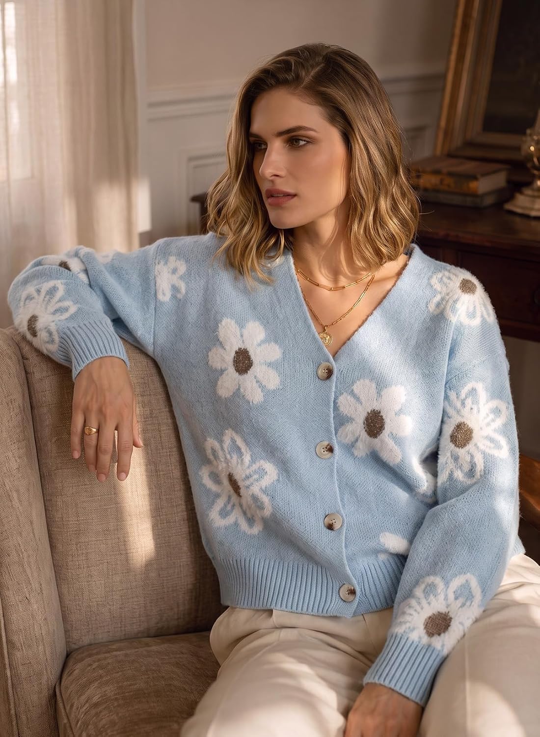 Detalle 2 de Dokotoo Floral V-Neck Cardigan Sweater for Women