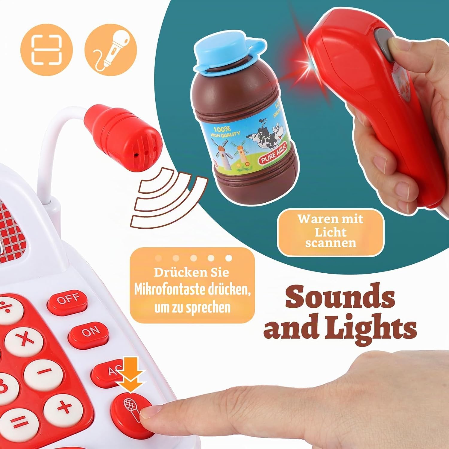 Detalle de TOEY PLAY Kinderkasse mit Scanner & Sound (Kaufladen-Spielzeug) – Spielkasse für Rollenspiel ab 3 Jahren