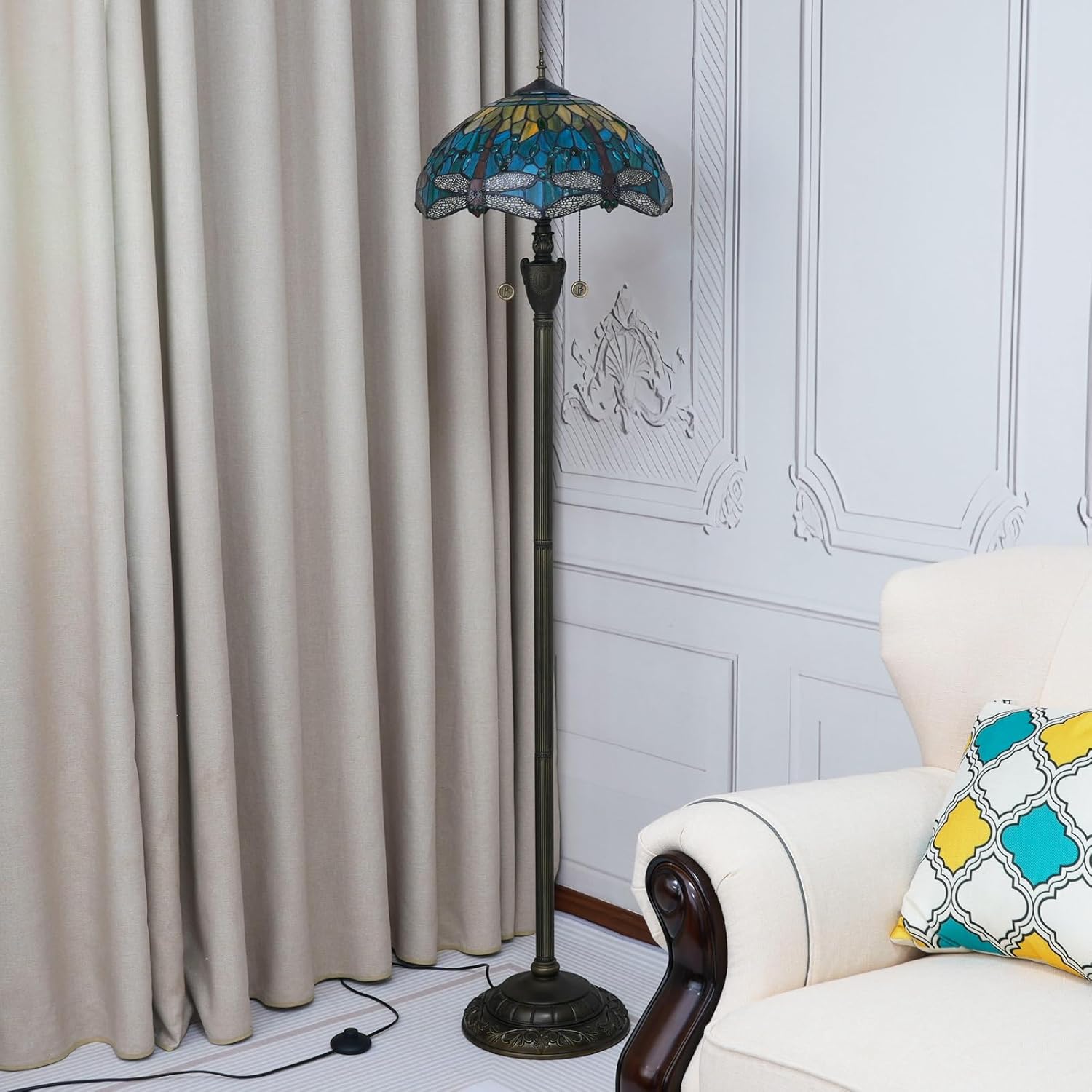 Thumbnail 4 de Blivuself Tiffany-style dragonfly floor lamp with stained glass shade and pull chain