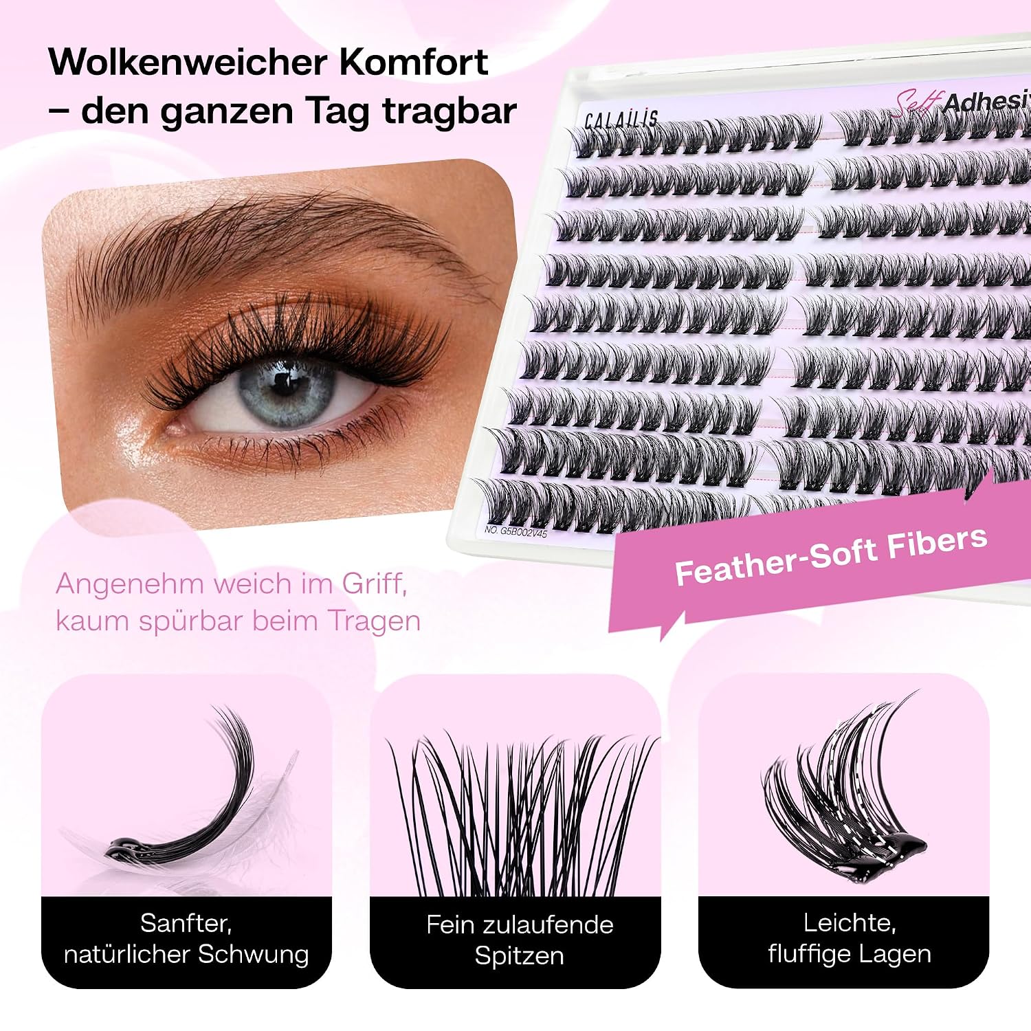 Thumbnail 4 de CALAILIS Selbstklebende Wimpern Extensions – 198 Stk, D Curl Wispy, Pre Glue Lashes ohne Kleber, Wiederverwendbar 3–5x