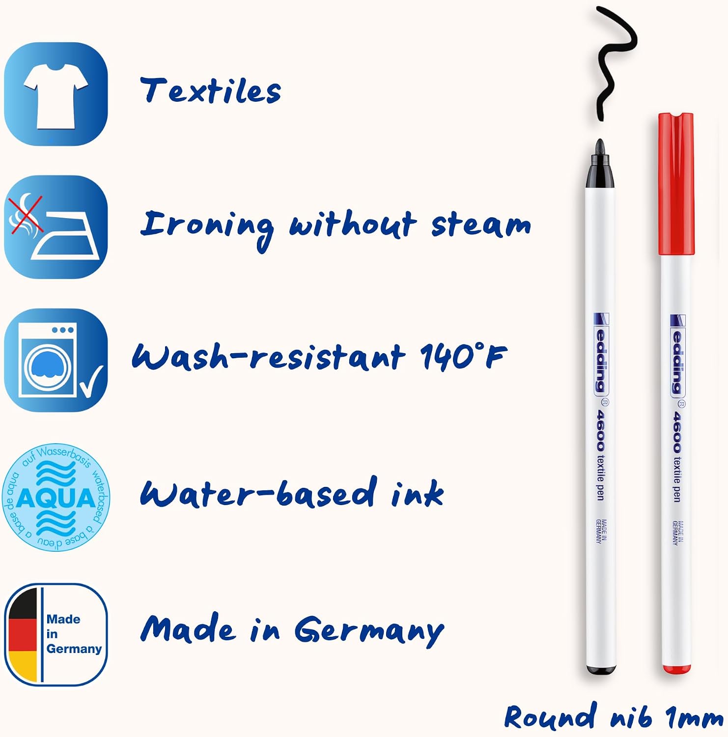 Detalle de edding 4600 Textilstift-Set (10 Farben) – Waschmaschinenfeste Textilmarker mit 1 mm Rundspitze