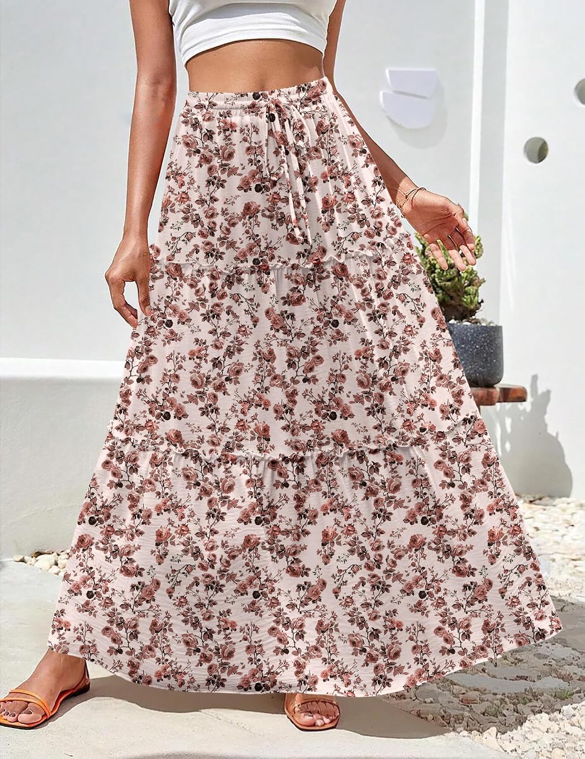 Detalle 2 de Hotouch Rock Damen Hohe Taille Maxirock – A-Linie mit Schichtung und Taschen