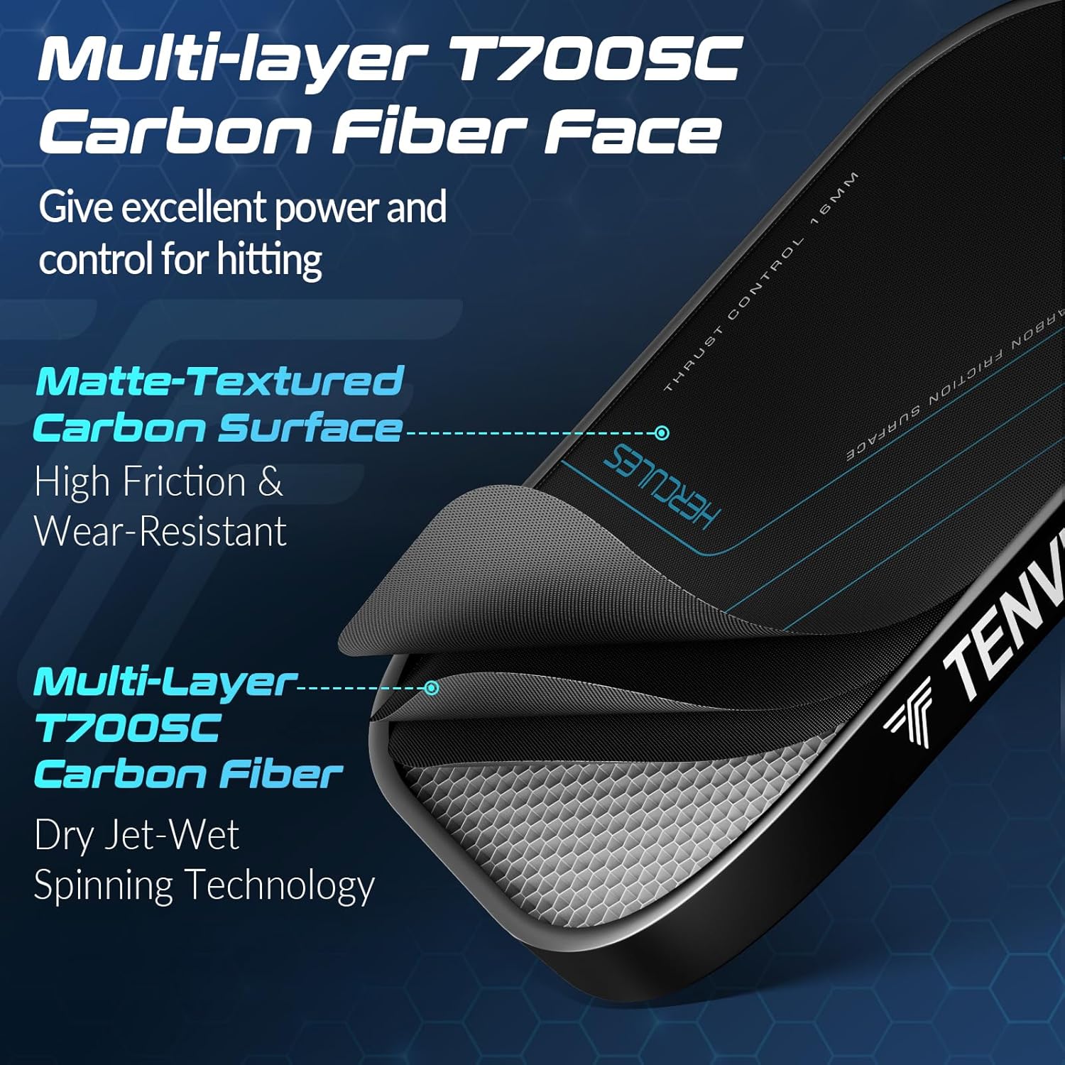 Detalle de TENVINA Pickleball Paddles — Multi-Layer T700SC Carbon Fiber, 4 Shapes & 2 Thicknesses, USAPA Approved