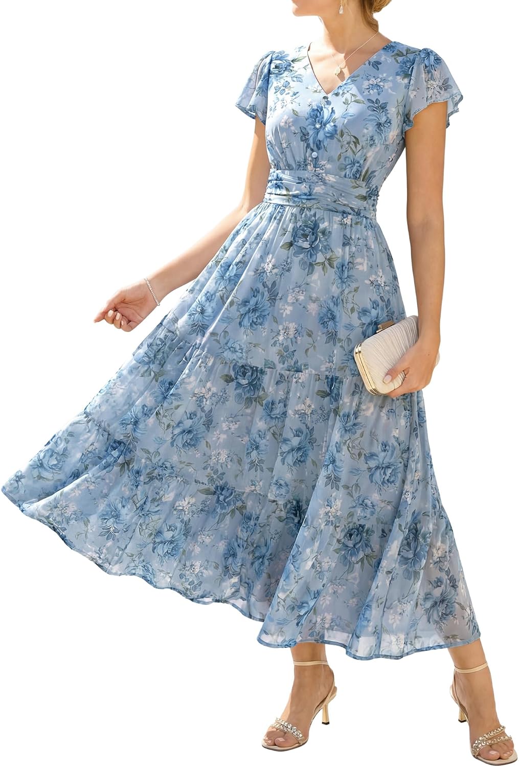 Detalle de GRACE KARIN 2026 Women's Summer Maxi Dress with Floral Print, V-Neck, Pockets, and Side Zipper