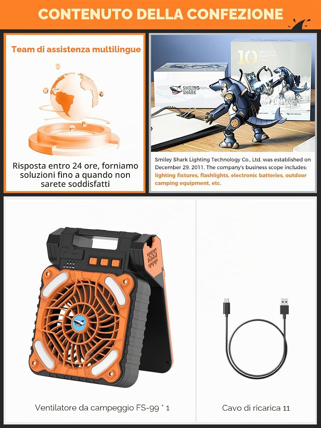 Thumbnail 6 de Smiling Shark FS-99: Ventilatore da Campeggio con LED, Batteria 6000 mAh, 4 Velocità e Ricarica Solare