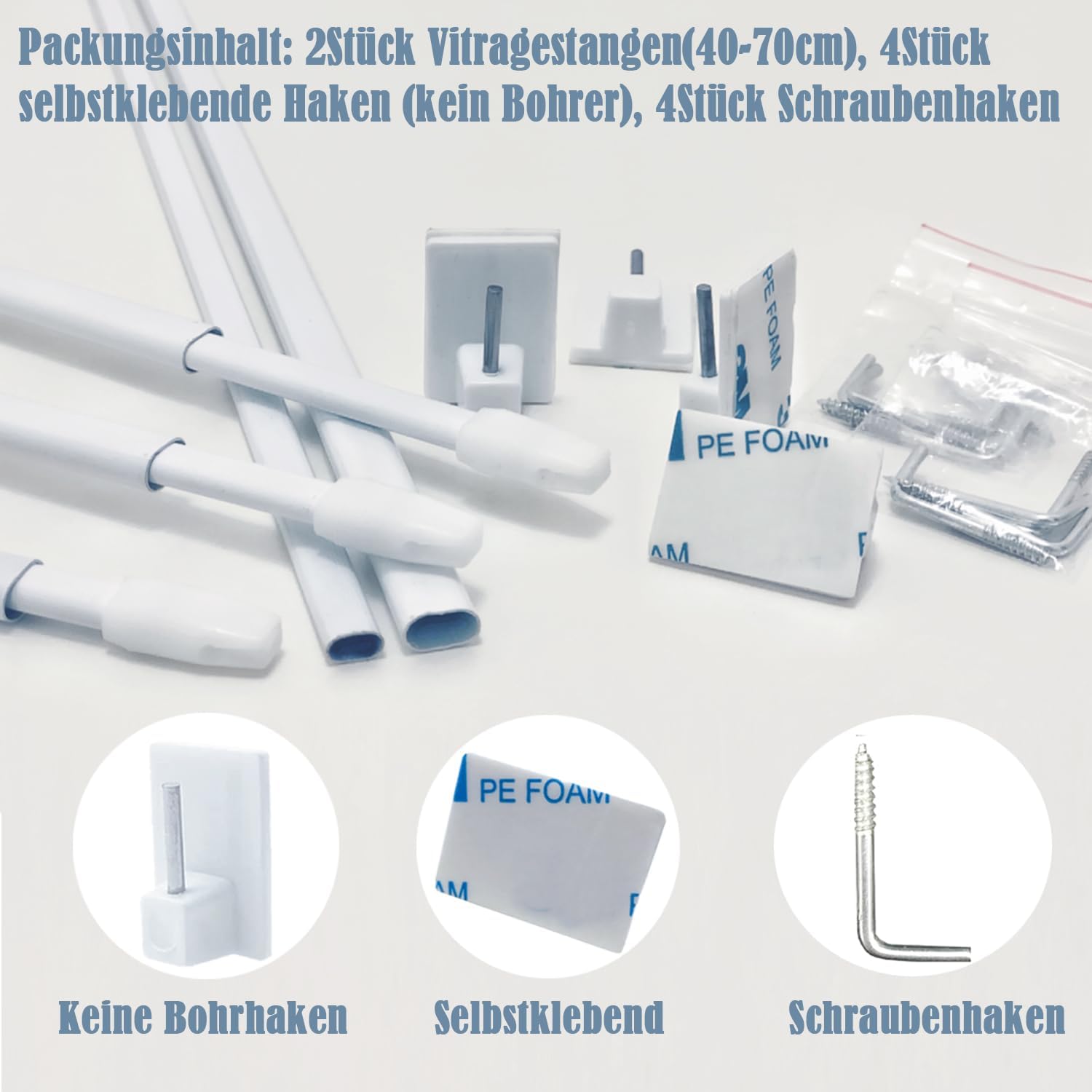 Detalle 2 de Set da 2 bastoni per tende a vetro estensibili 40–70 cm bianco, con ganci 3M (senza forare)