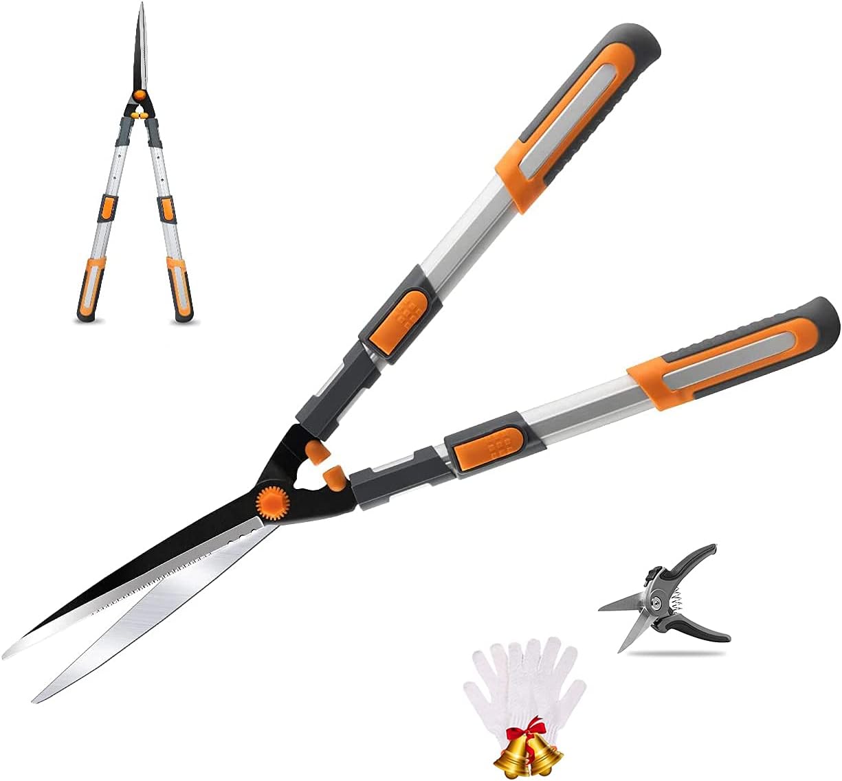 Detalle de AIRAJ 75-88cm Telescopic Hedge Shears Heavy Duty – SK5 Steel Blade, Ergonomic Handles, Free Gloves & Secateurs
