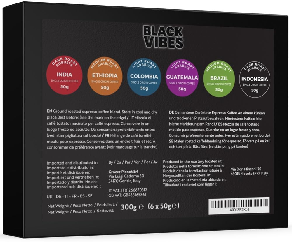 Detalle 2 de Black Vibes Gemahlener Kaffee Geschenkset – WORLD'S COFFEES, 6 sortenreine Single-Origin-Kaffees, 300 g