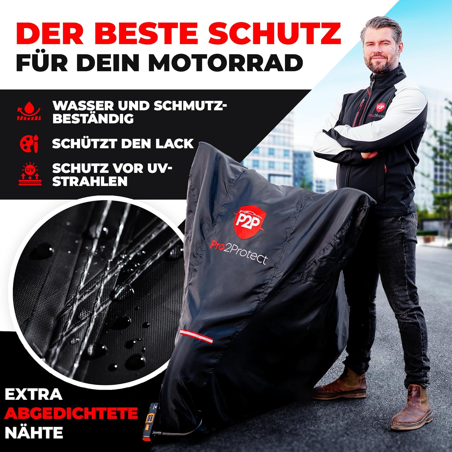 Detalle de Pro2Protect Motorrad Abdeckplane Schwarz Rot – universell, wasserdicht, 245x105x125 cm