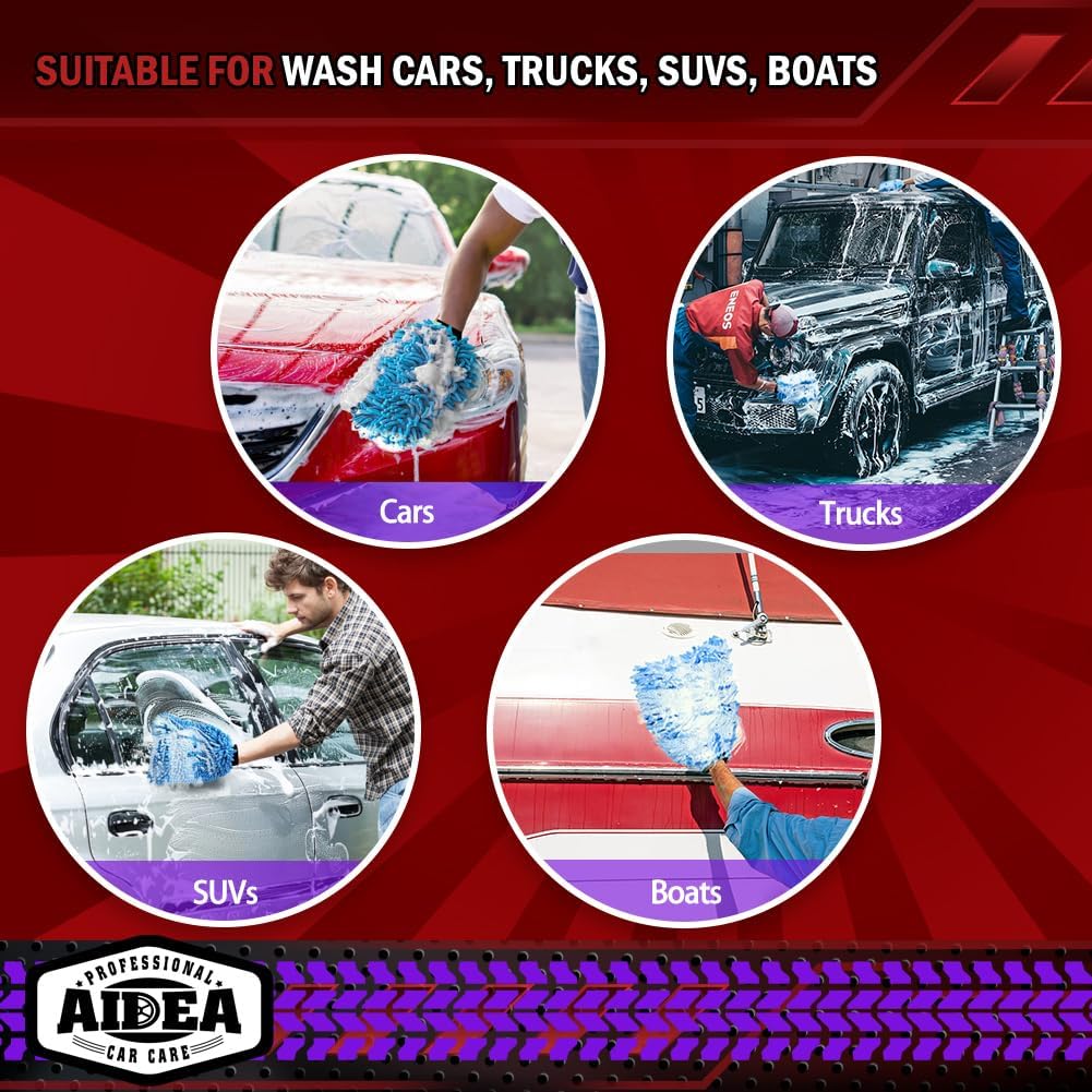 Thumbnail 6 de AIDEA Car Wash Mitt Microfiber 2PK — Extra Large, Scratch-Free Double-Sided Chenille Mitt (Blue) for Cars, Boats & More