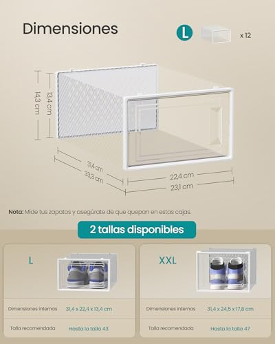 Detalle de SONGMICS Cajas de Zapatos: Organizador de Plástico, Plegable y Apilable (12 uds, Talla 43) - Transparente y Blanco Nube