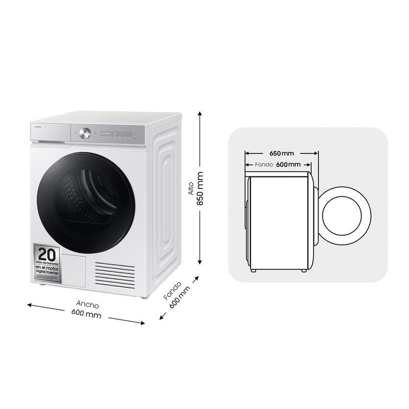 Detalle de Samsung DV90DB8845GHU3: Secadora de bomba de calor de 9 kg con IA y Wi‑Fi