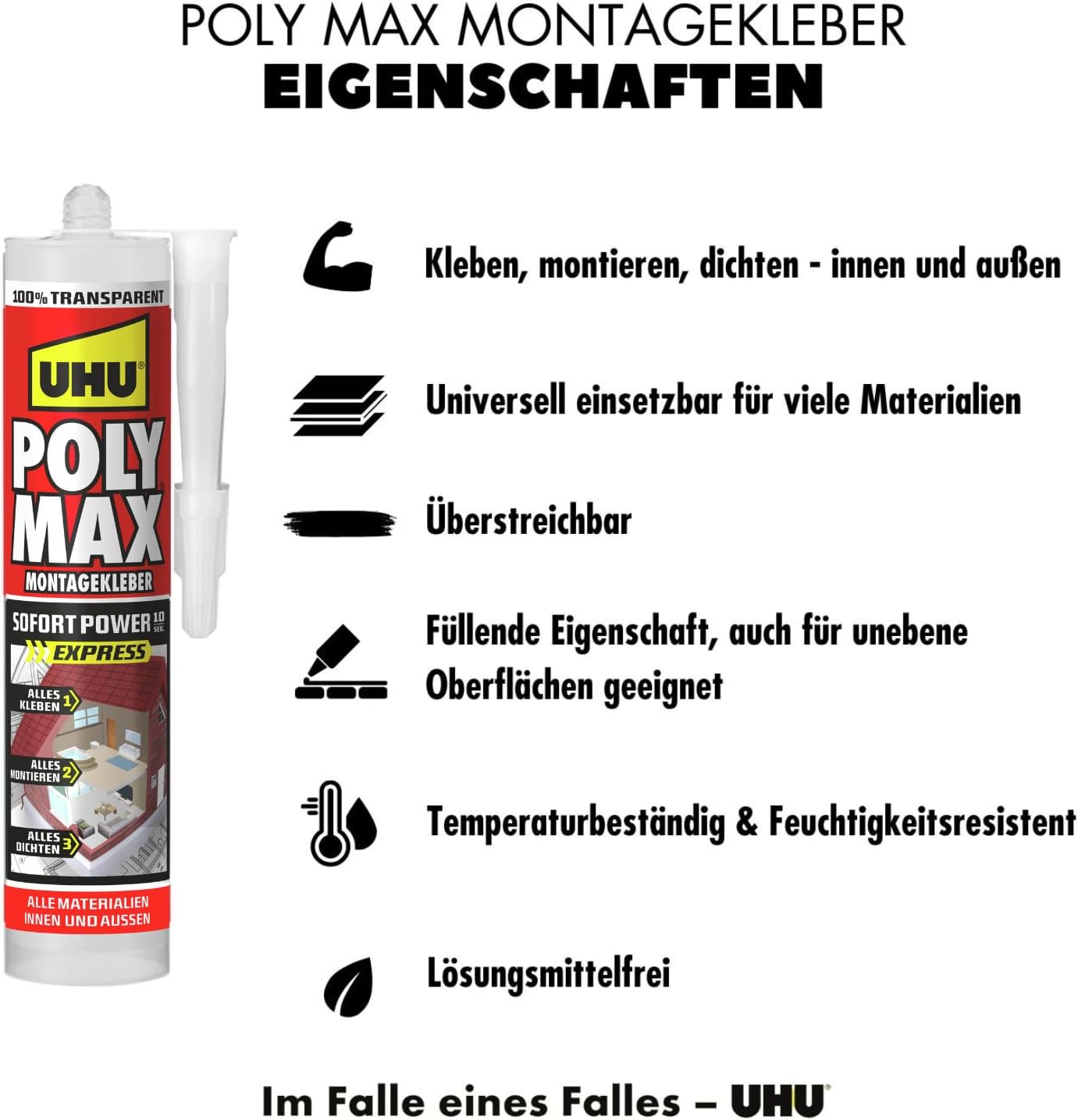 Thumbnail 2 de UHU POLY MAX Montagekleber 10 SEK SOFORT POWER Kartusche – Glasklarer Montagekleber und Dichtungsmasse, 300 g