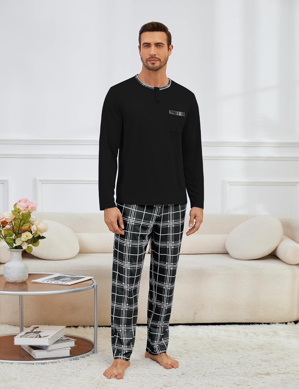 Detalle de Atforna Schlafanzug Herren Lang Karierten Pyjama Set – Zweiteiliges Baumwoll-Set für Herbst und Winter