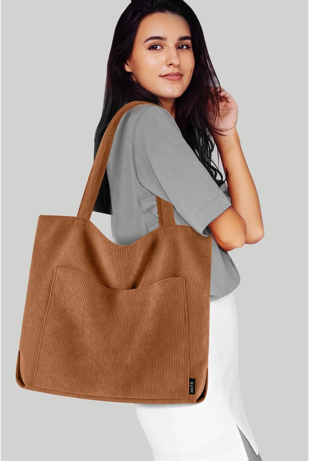 Thumbnail 1 de Prite Corduroy Tote Bag for Women – Large Brown 2 with Zippered Main Compartment and Multiple Pockets