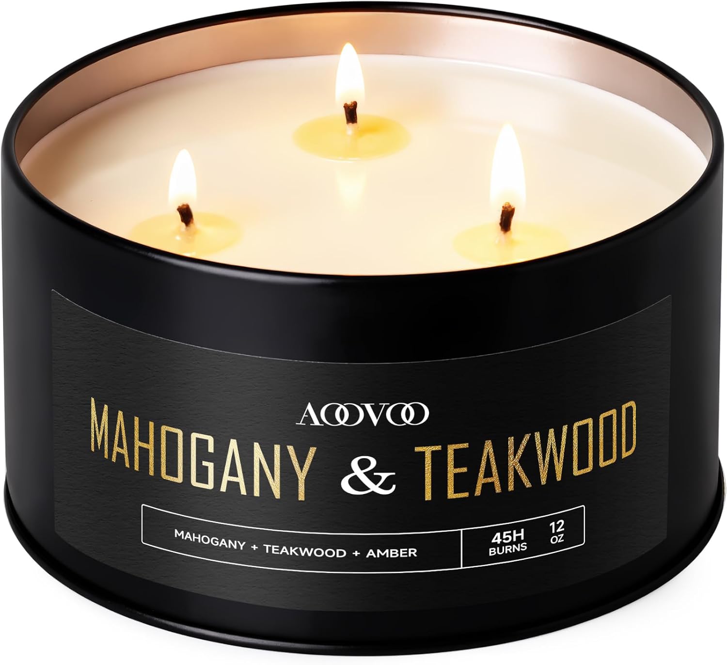 Detalle de AOOVOO Mahogany Teakwood 3-Wick Large Soy Candle (12oz) — Rich, Masculine Home Fragrance