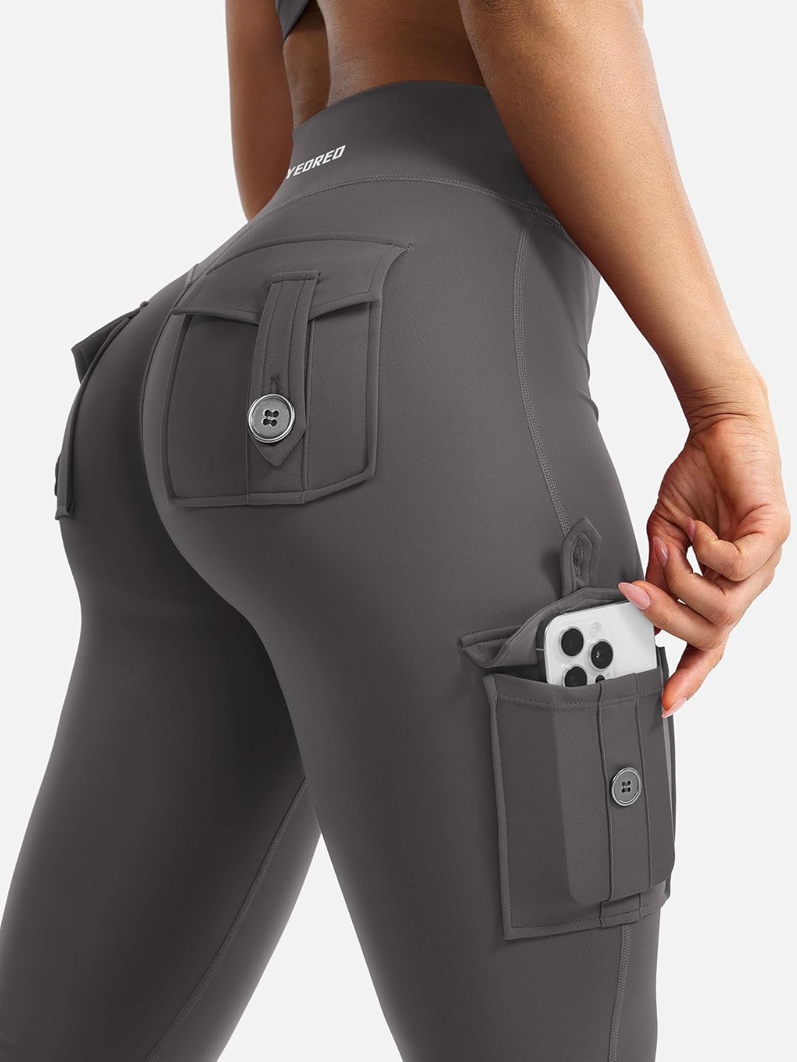 Detalle de YEOREO CoreFlex Damen Flare Leggings mit 4 Taschen – High Waist, unsichtbares Scrunch-Design