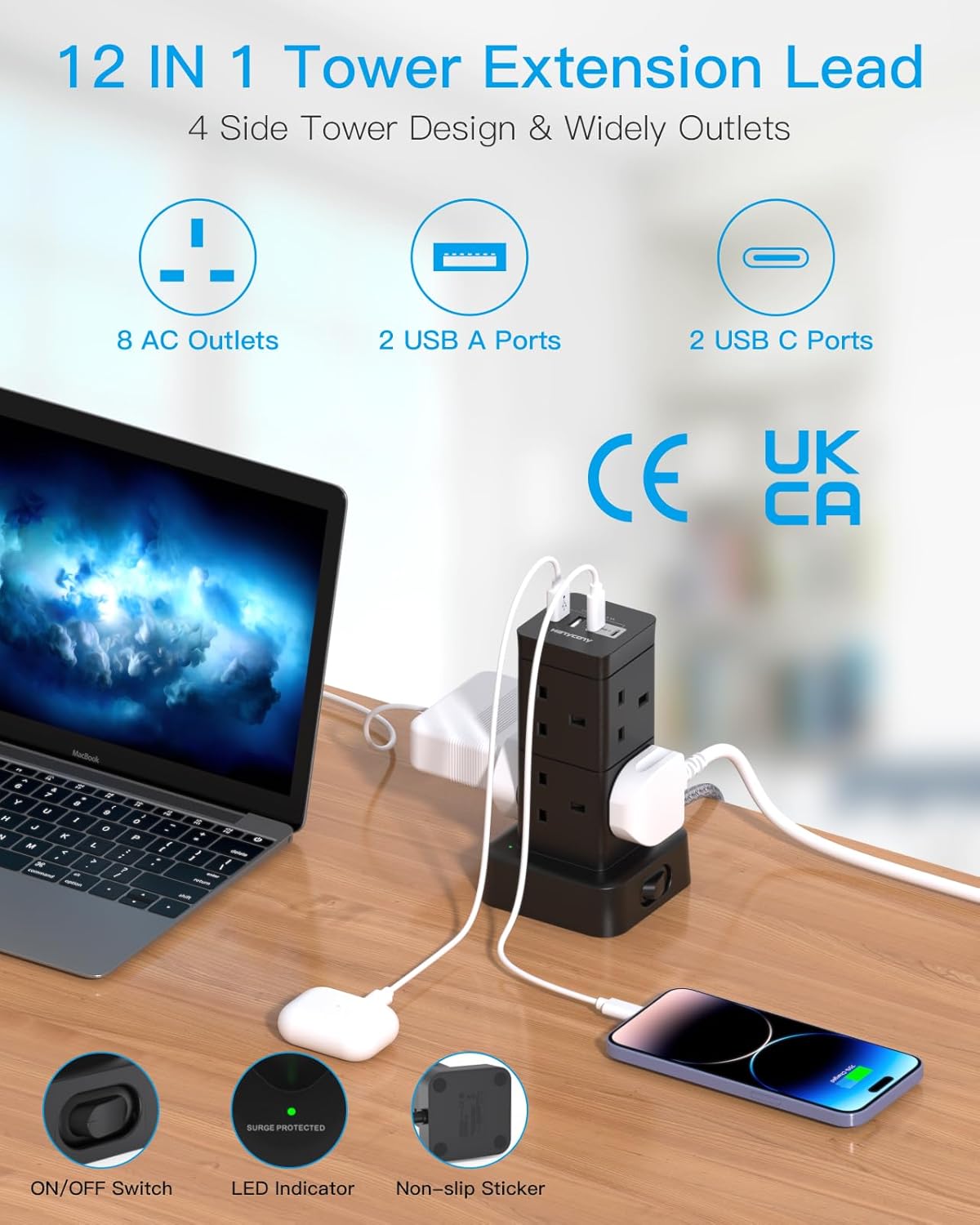 Thumbnail 1 de Tower USB-C Extension Lead 8 Way 3m Black