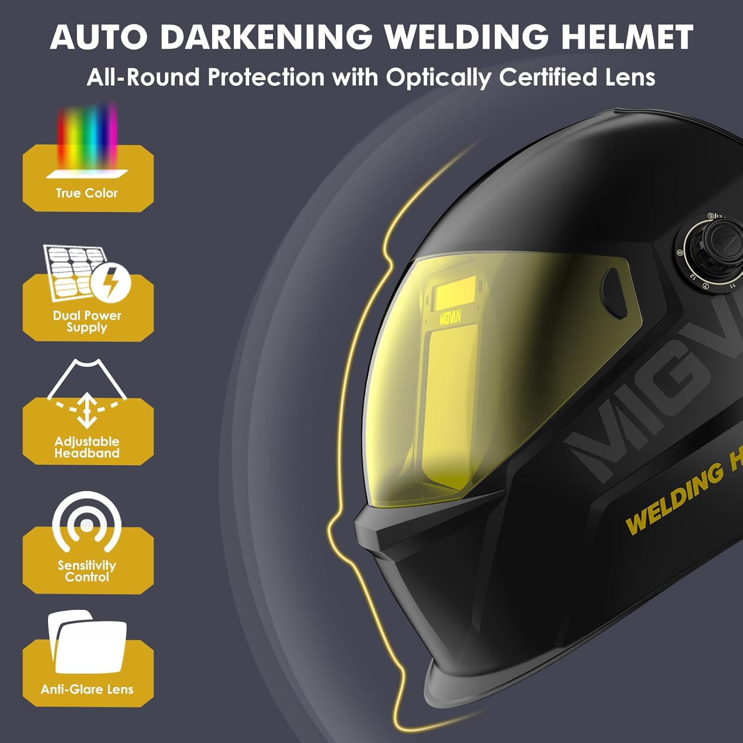 Thumbnail 1 de MIGVAN Auto-Darkening Welding Helmet (True Color), Large Viewing, Solar/Rechargeable Battery Powered