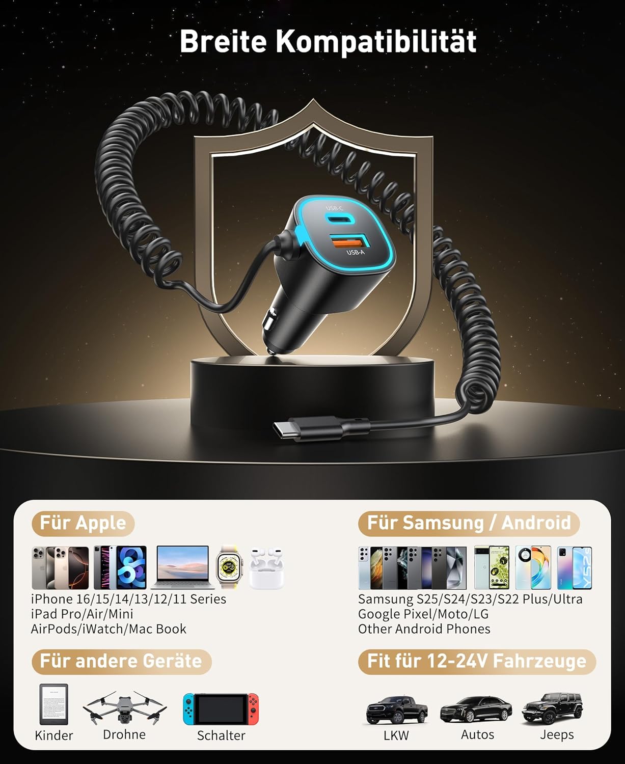 Thumbnail 6 de GuMosh 65 W caricatore auto USB-C con 3 porte (accendisigari) e cavo a spirale