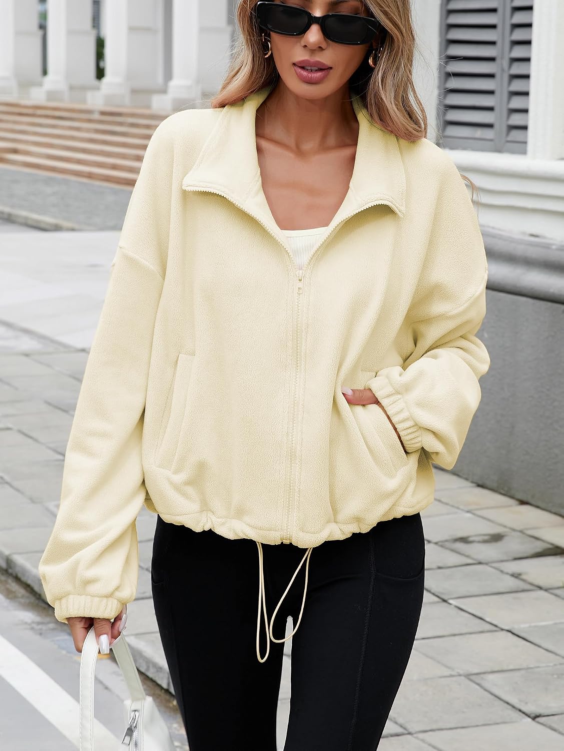 Thumbnail 2 de Famulily women’s drawstring hem full-zip fleece cropped sweatshirt jacket with pockets (S–XL)
