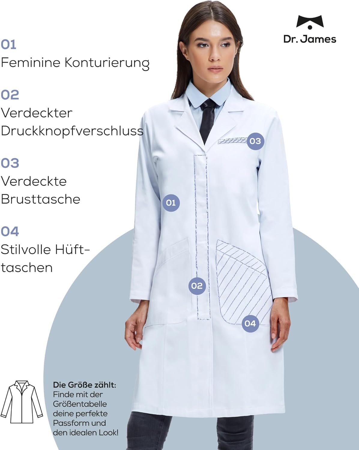 Detalle de Dr. James Laborkittel Damen: 100% Baumwolle, Regular-Fit, OEKO-TEX zertifiziert