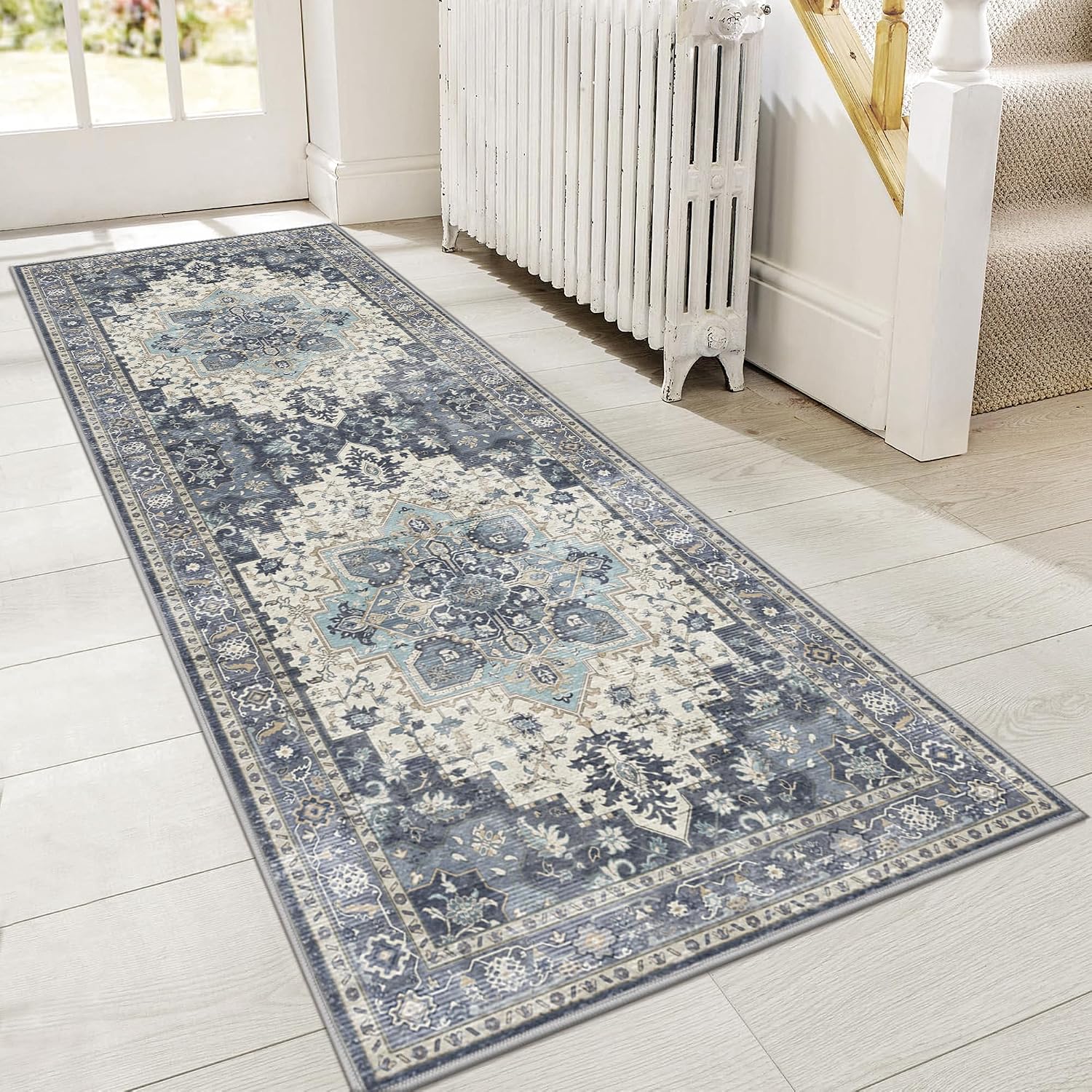 Detalle de GENIMO 2x7 Washable Runner Rug Non Slip for Hallway, Blue Ivory Vintage Floral