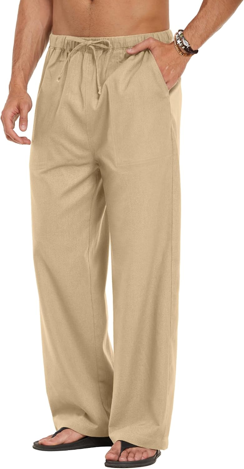 Detalle de COOFANDY Men’s Linen Pant Elastic Waist Drawstring Summer Beach Pants