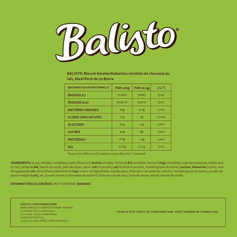 Detalle de BALISTO Barre Biscuit Céréales et Chocolat au Lait – Raisins Secs et Noisettes, Grand Format (740 g)