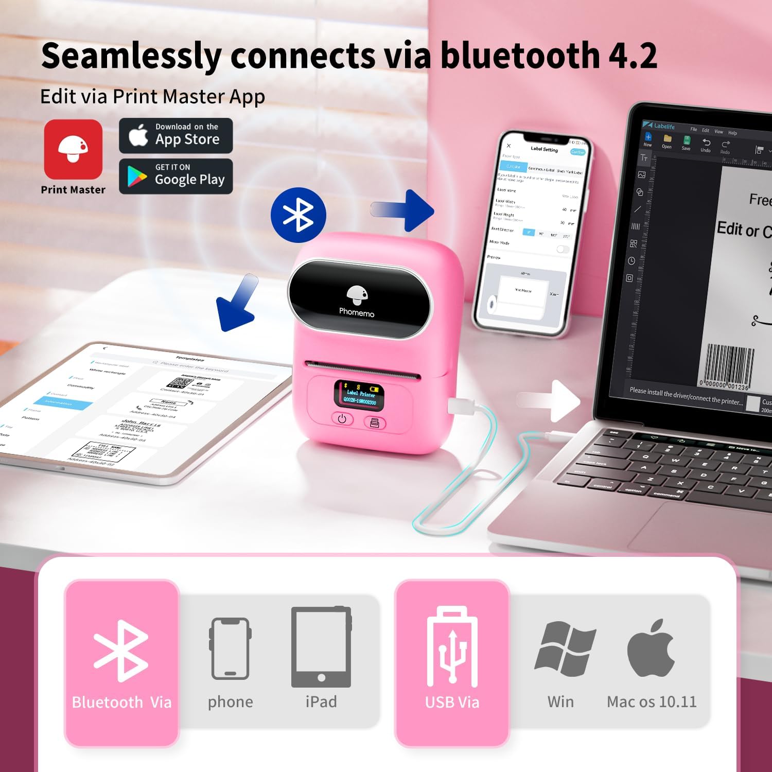 Thumbnail 6 de Phomemo M110 stampante portatile per etichette termiche Bluetooth (set con 3 rotoli) rosa