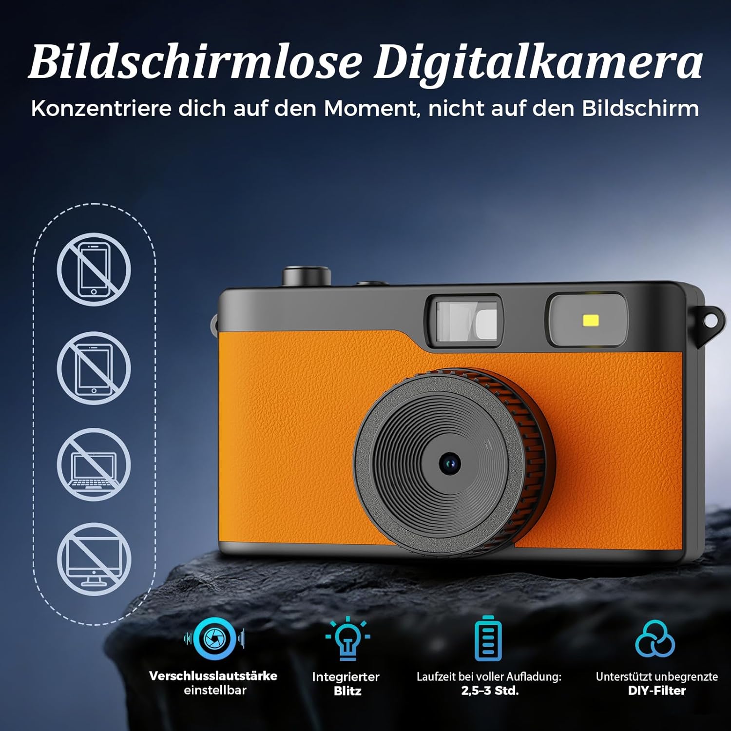 Thumbnail 1 de Retro-Digitalkamera ohne Bildschirm mit Blitz, 12-MP-Fotos und 32-GB microSD (Orange) inkl. OTG-Adapter – Retro-Digitalkamera-Ersatz