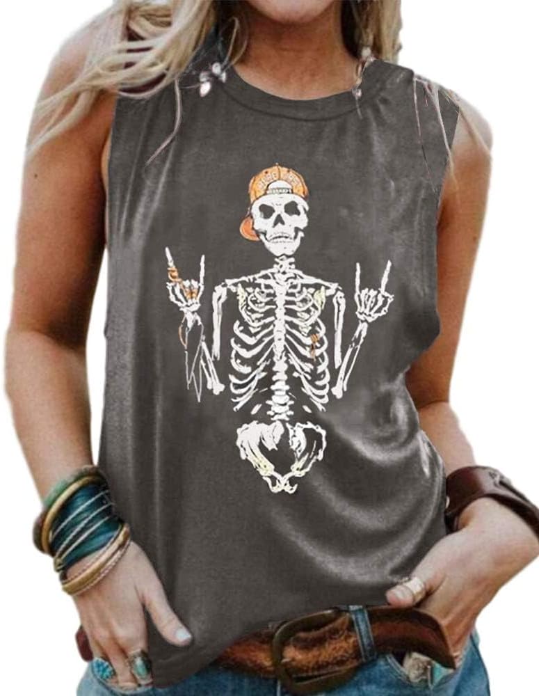 Detalle de Cicy Bell Damen Tank Top Schädel Grafik – Lockeres Ärmelloses Rundhals-Top für den Sommer