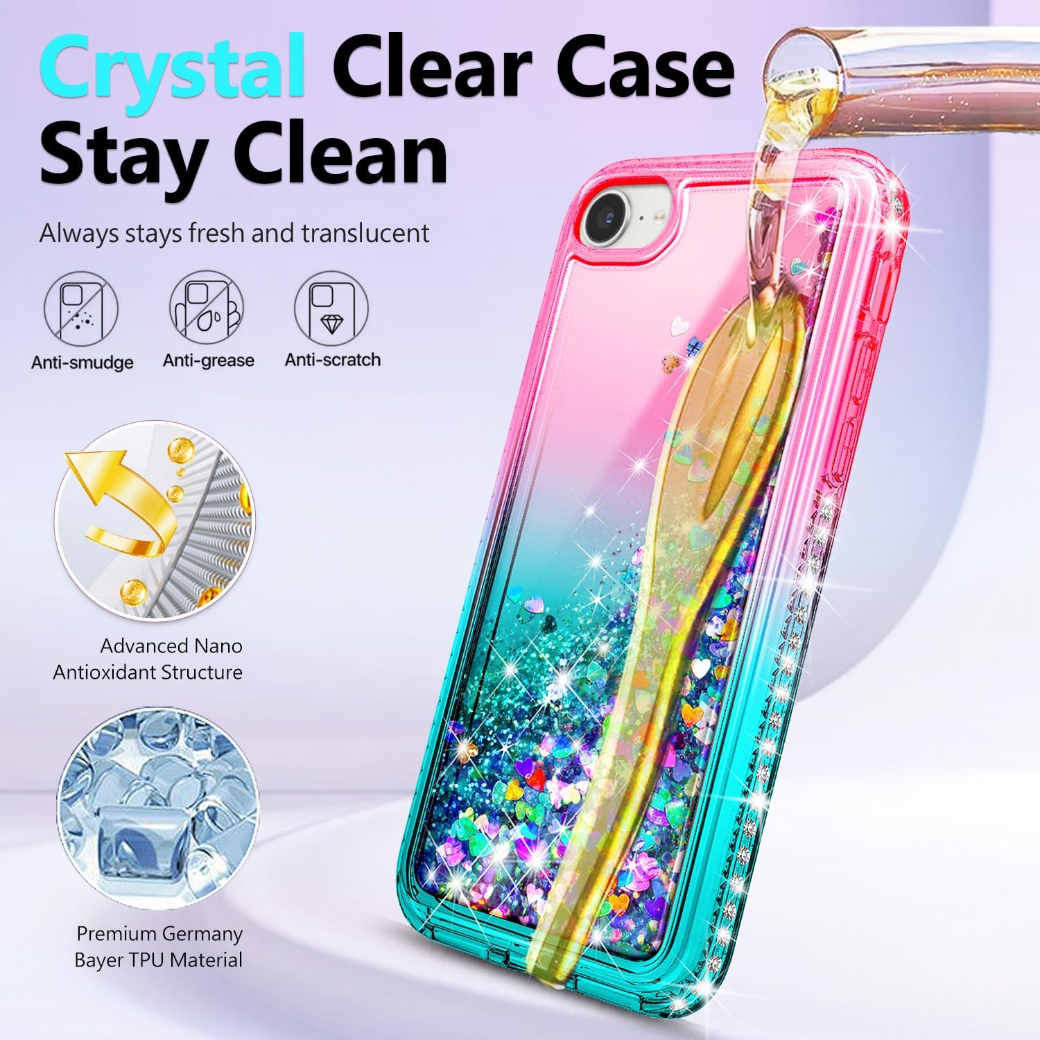 Thumbnail 3 de NGB Glitter Liquid Case for iPhone SE (3rd/2nd Gen) & iPhone 8/7/6/6S – Pink/Aqua with Tempered Glass, Ring Holder & Lanyard