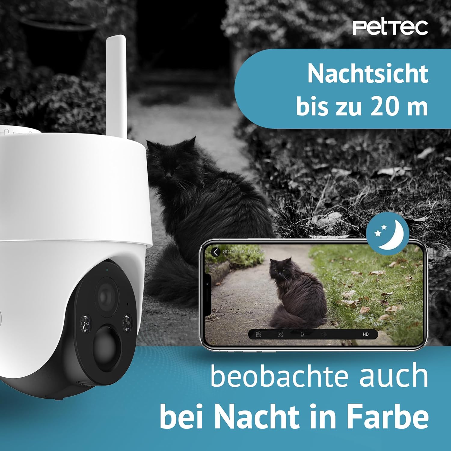 Detalle de PetTec Pet Cam Free'n 360 Überwachungskamera – Outdoor 3MP mit Akku, Pan&Tilt, Flutlicht und Sirene