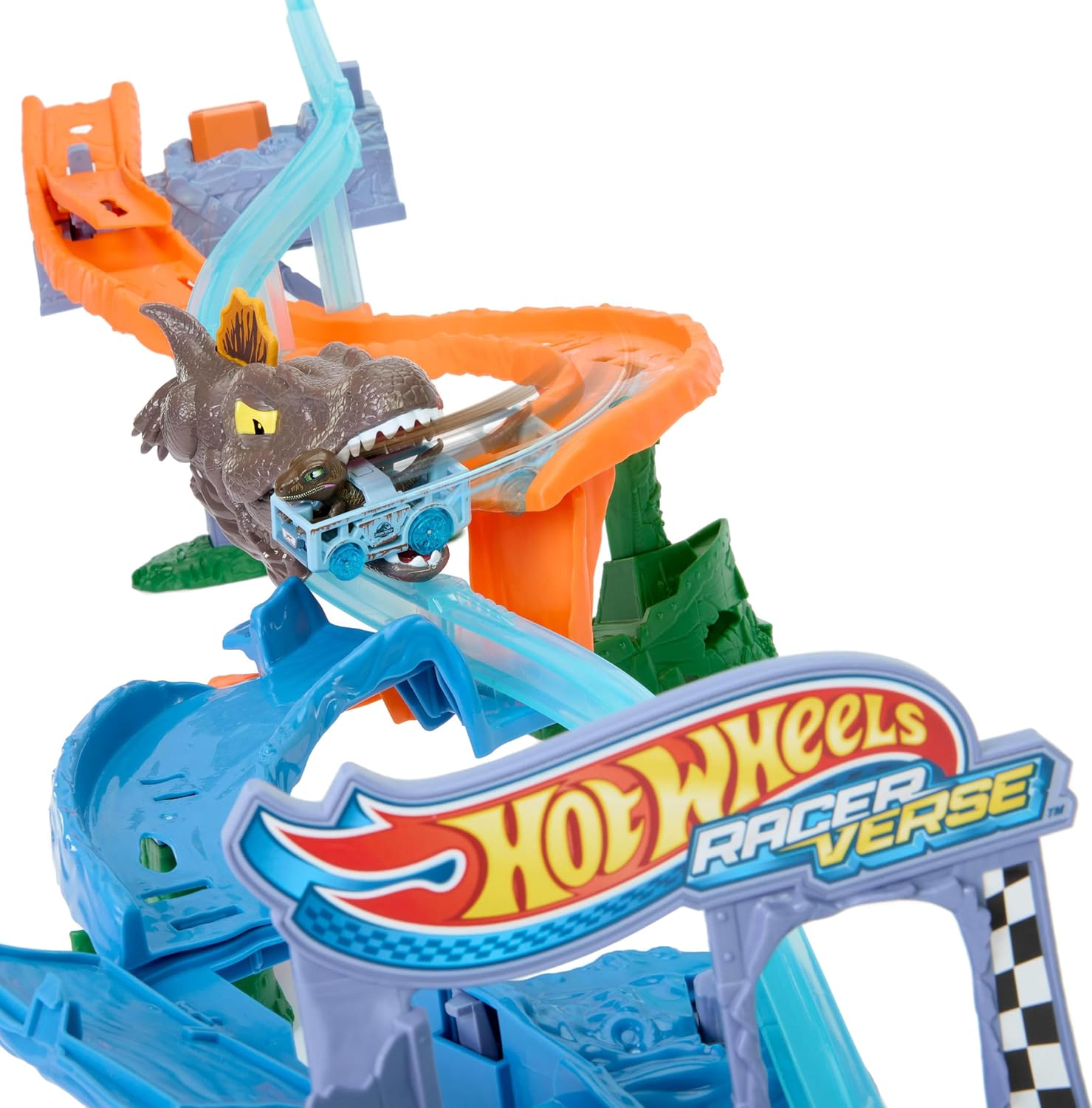Detalle 2 de Hot Wheels Coffret Carambolages et Collisions RacerVerse Jurassic World avec piste et véhicule miniature (JFP32)