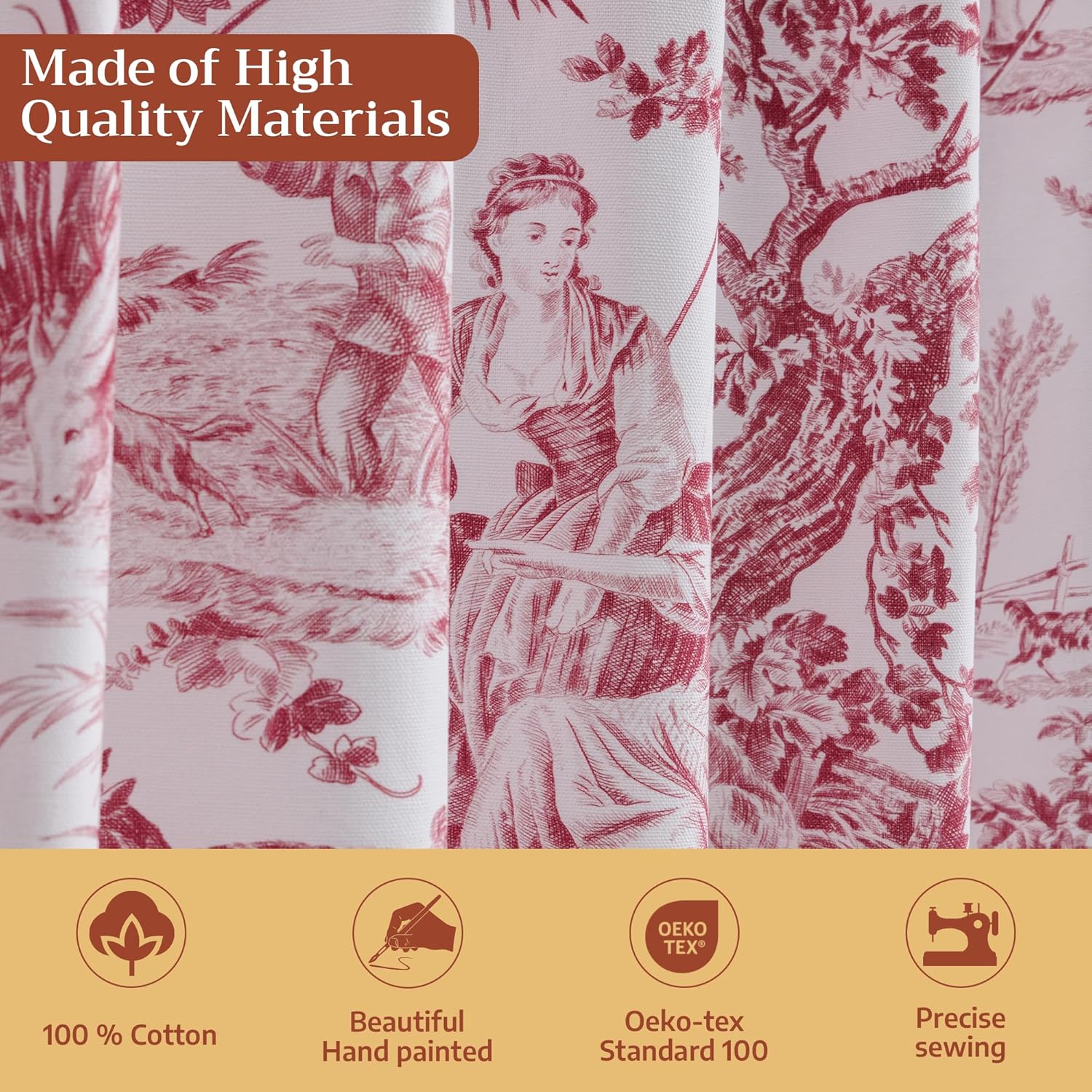 Detalle de Maison d' Hermine The Miller Red Toile Curtains — 50" W x 84" L, 100% Cotton