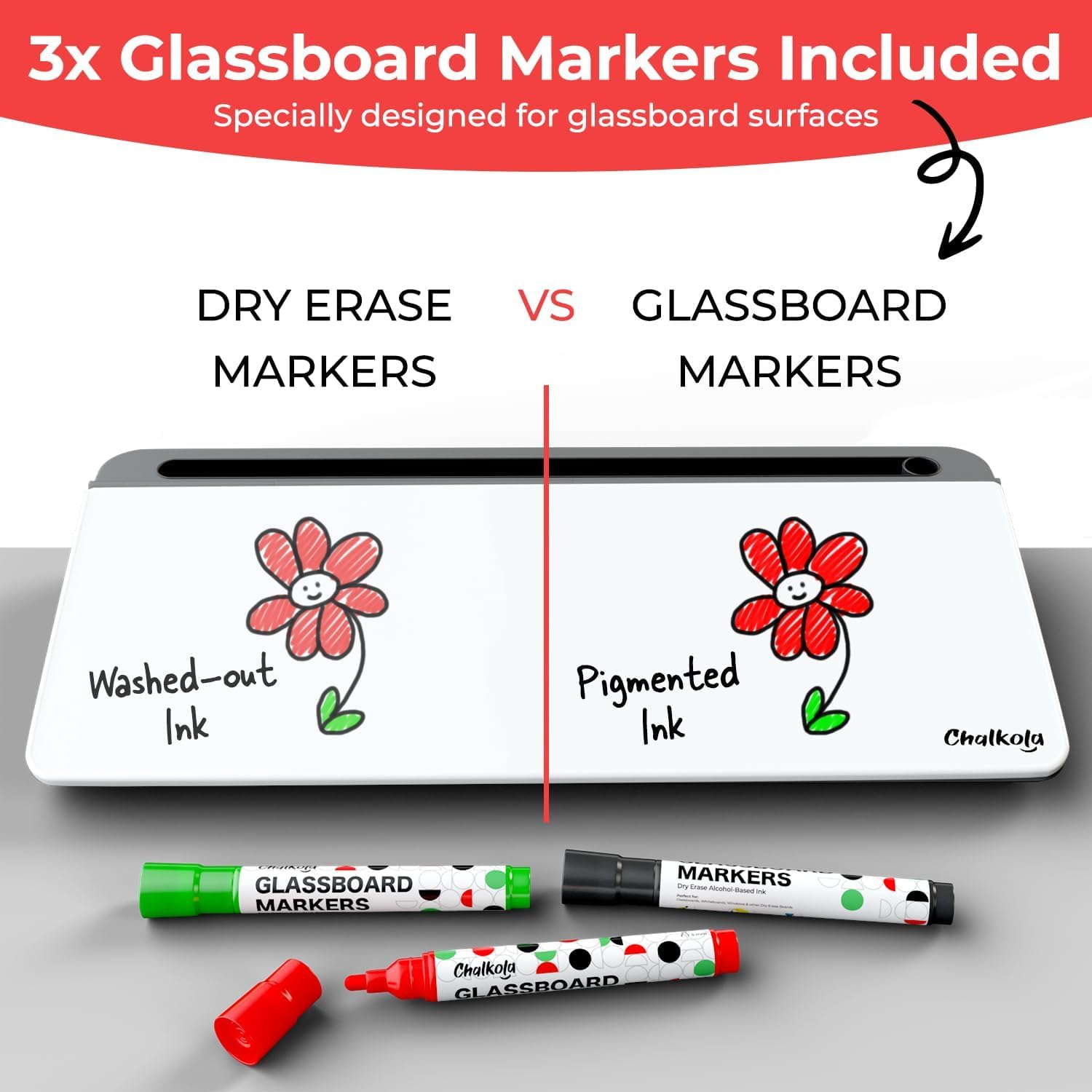 Detalle 2 de Chalkola Glass Desktop Whiteboard with Storage (Dry Erase) — Desk organiser + keyboard stand with 3 markers