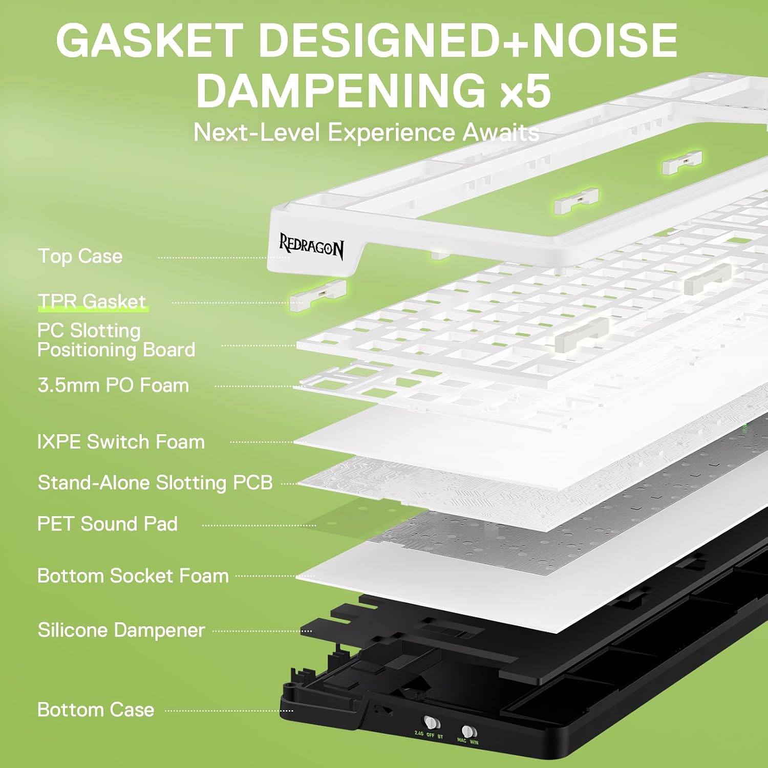 Detalle de Redragon K686 PRO – 98-Tasten kabellose Gasket-Tastatur mit Hot-Swap, RGB und 3-Modi