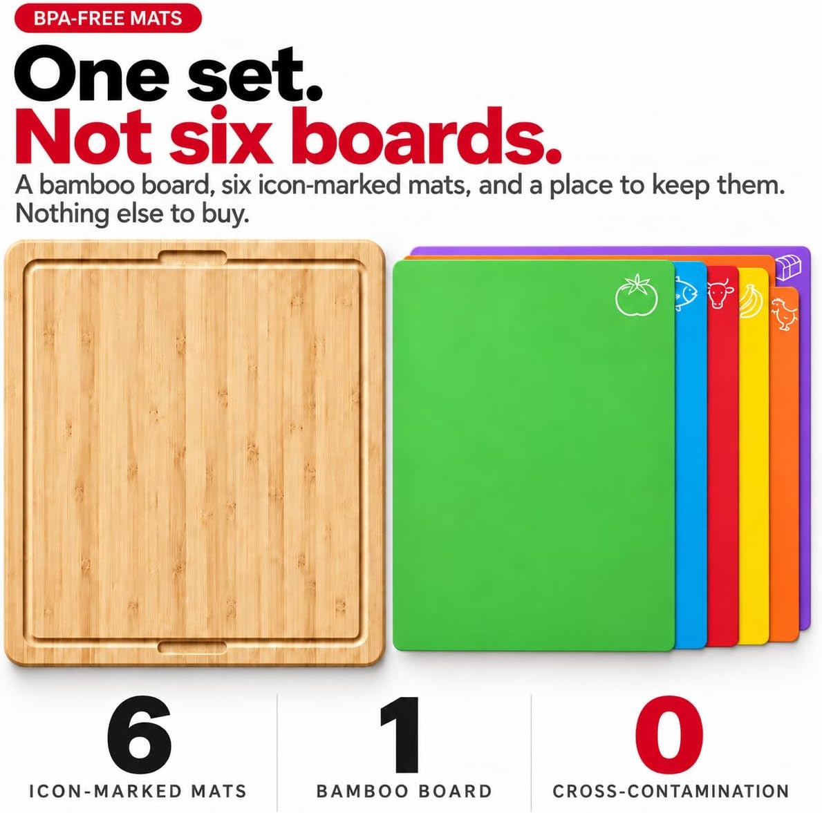 Detalle de Cooler Kitchen Bamboo Cutting Board Set with 6 Color-Coded Flexible Mats, Holder, BPA-Free (Dishwasher Safe)