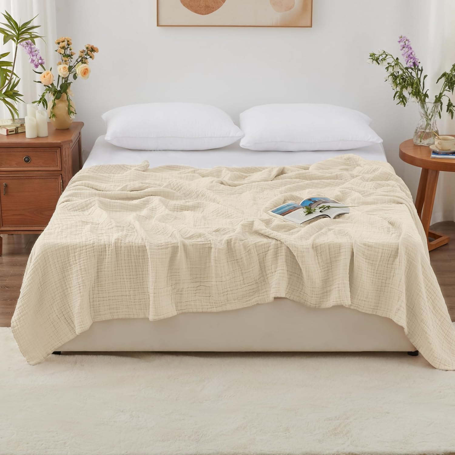 Thumbnail 1 de Love’s Cabin 100% Cotton Muslin Blanket (6-Layer Gauze) – King Size, Beige (108 x 90 inches)