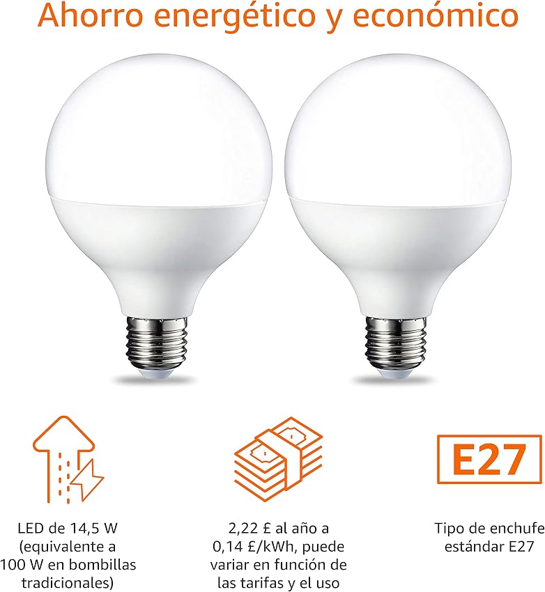 Detalle 2 de Amazon Basics Bombilla LED E27 G93 Globo 14.5W 💡 Pack de 2