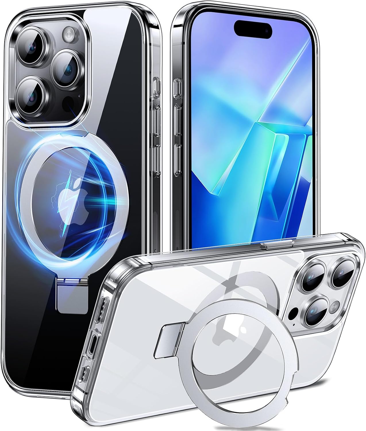 Detalle de Chicfun 3-in-1 Magnetic Phone Case for iPhone 15 Pro Max (MagSafe) with KickStand & Ring Holder — Clear