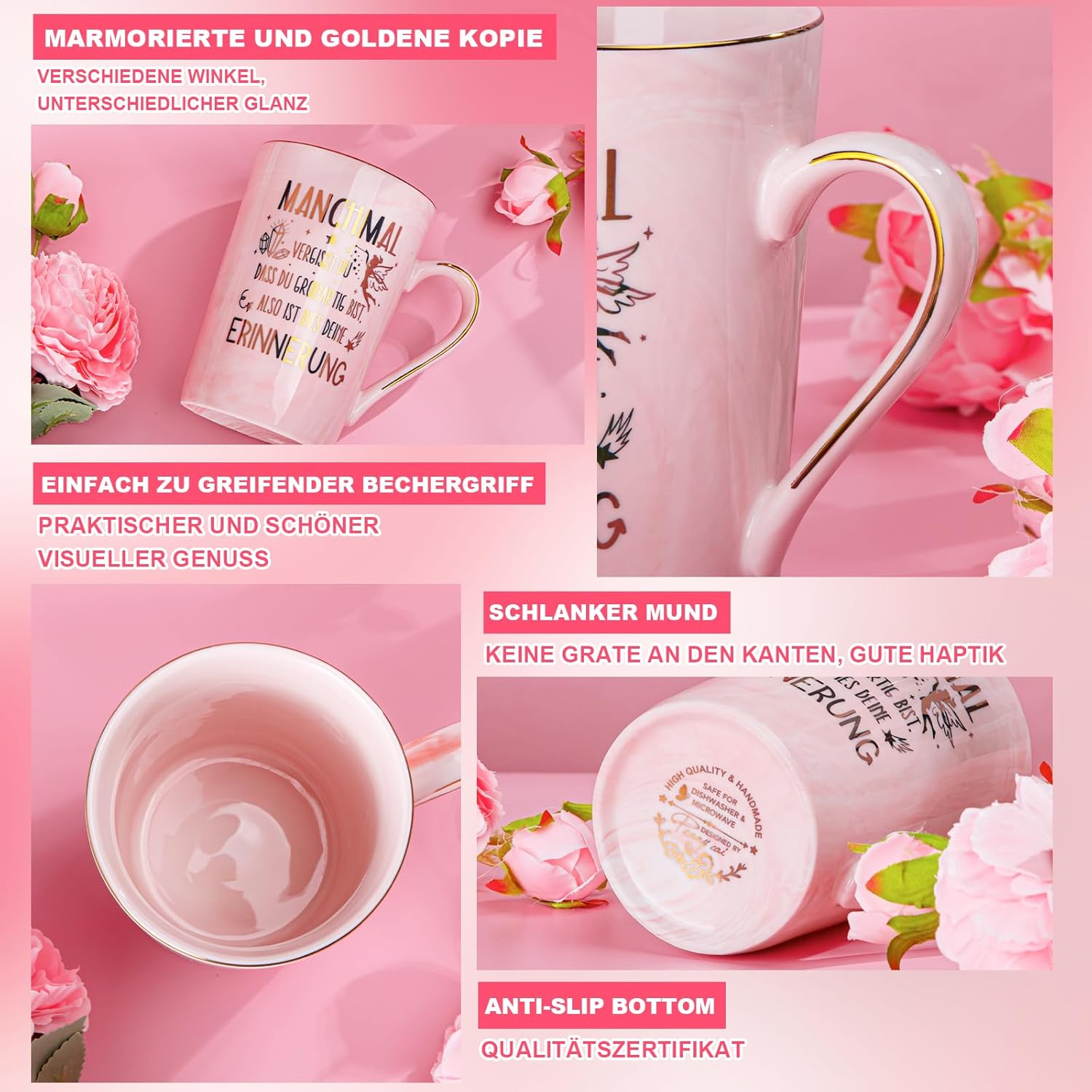 Thumbnail 2 de Dankeschön Geschenke für Frauen – Rosa Marmorkaffeetasse 400ml mit Golddruck, Deckel, Löffel und Geschenkbox