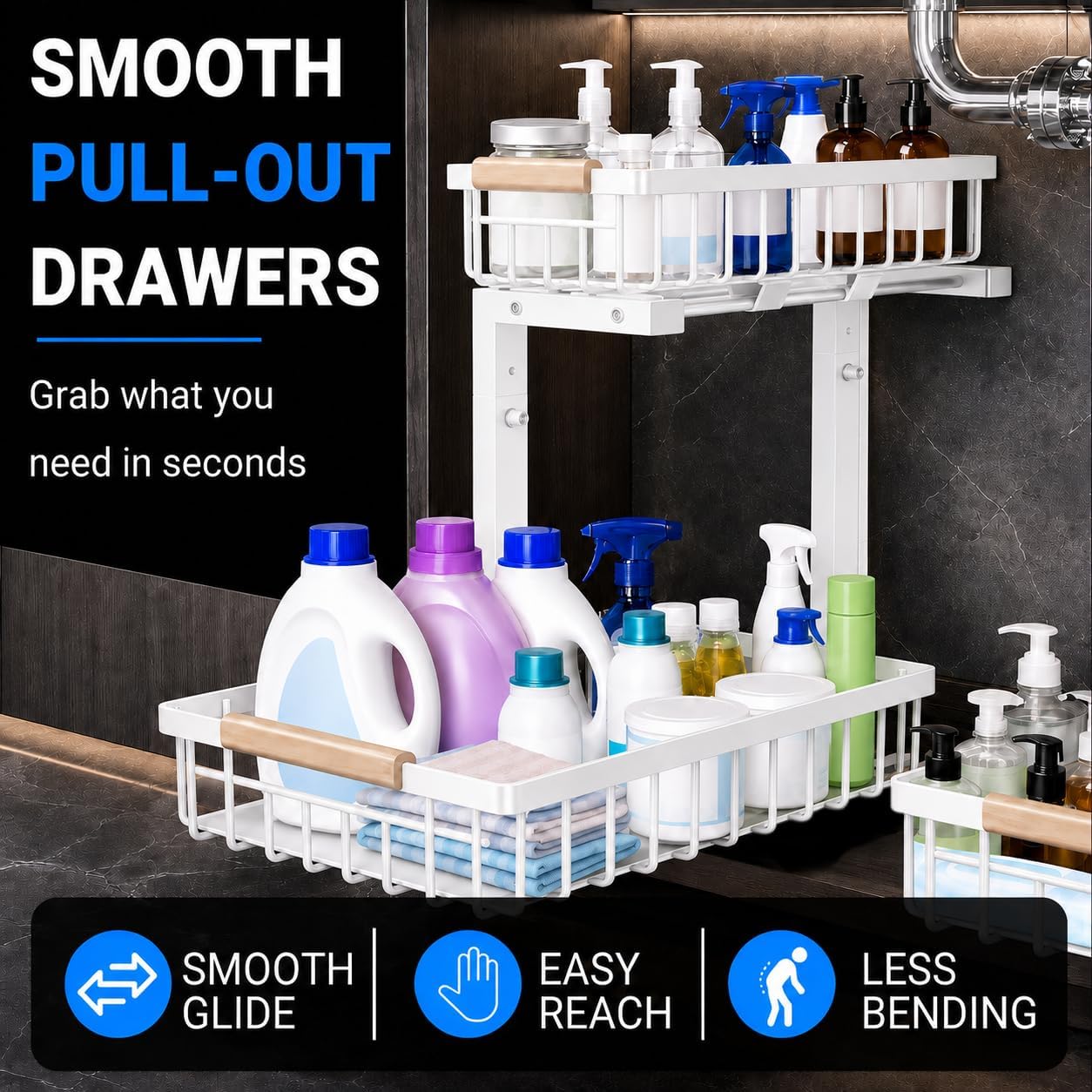 Thumbnail 5 de GeeBom Under Sink Organizer 2-Pack: 2-Tier Pull-Out Metal Shelf with Silicone Mat