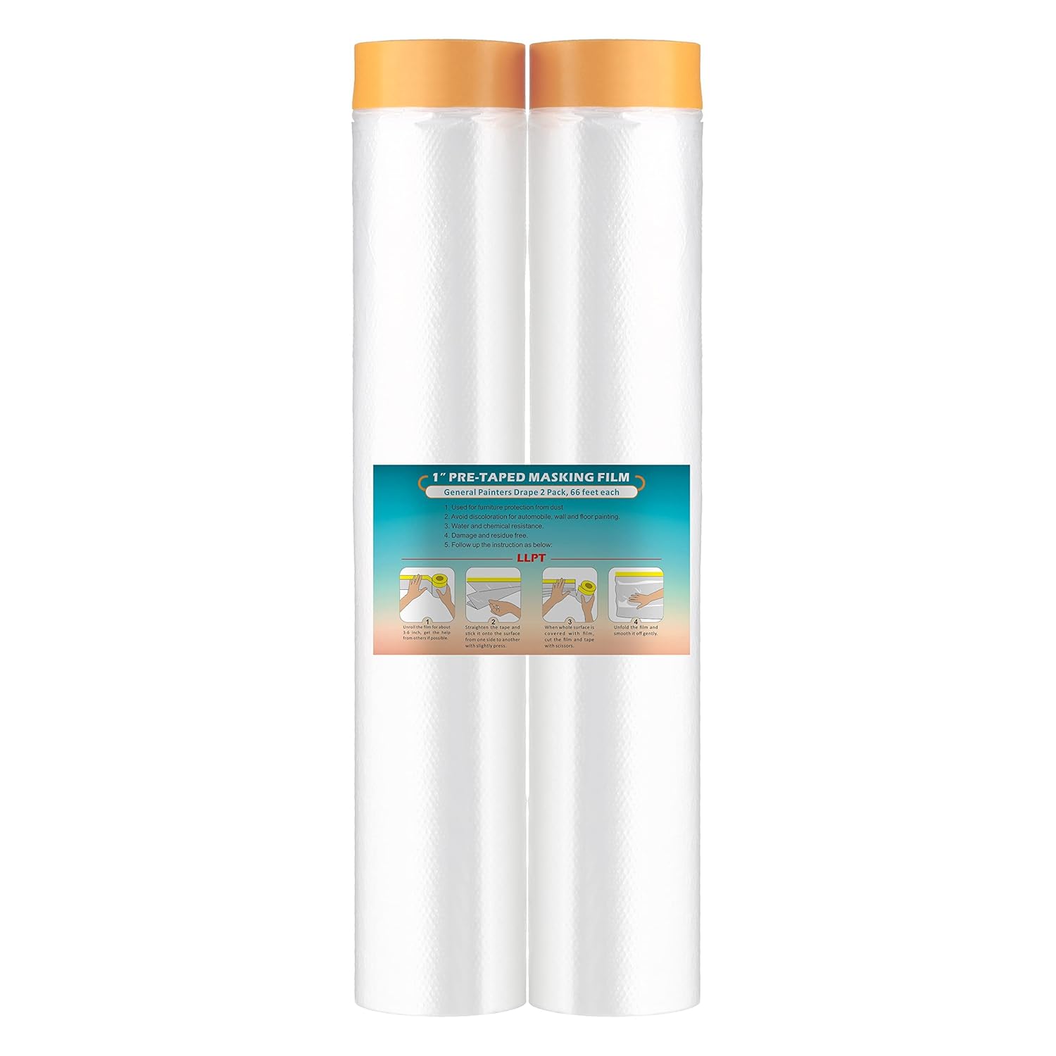 LLPT Abdeckfolie mit Klebeband (2 Rollen) – transparente Malerfolie als Spritz- und Staubschutz