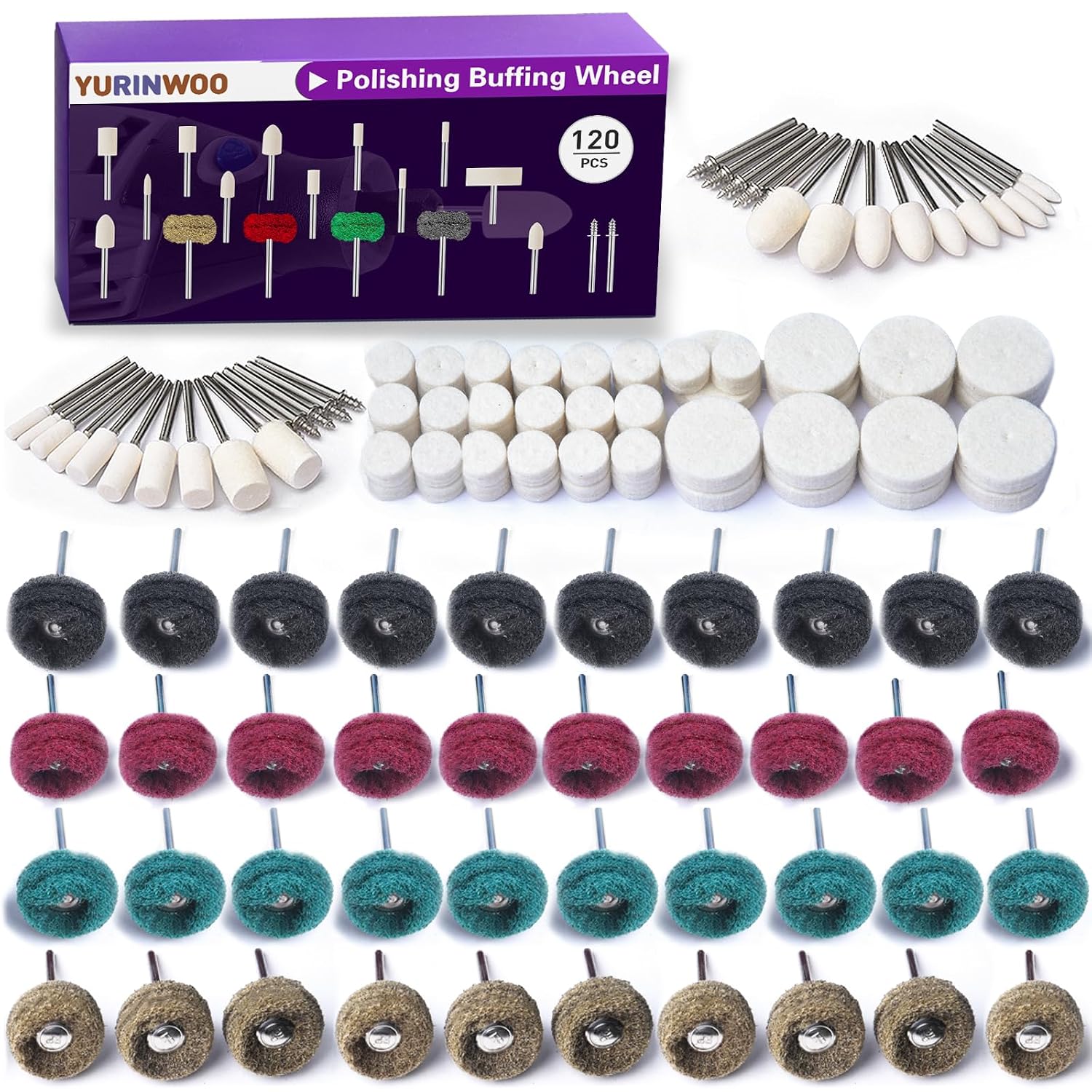 Detalle de YURINWOO 120PCS-Polishing Buffing Wheel polijstset met 1/8-inch schacht