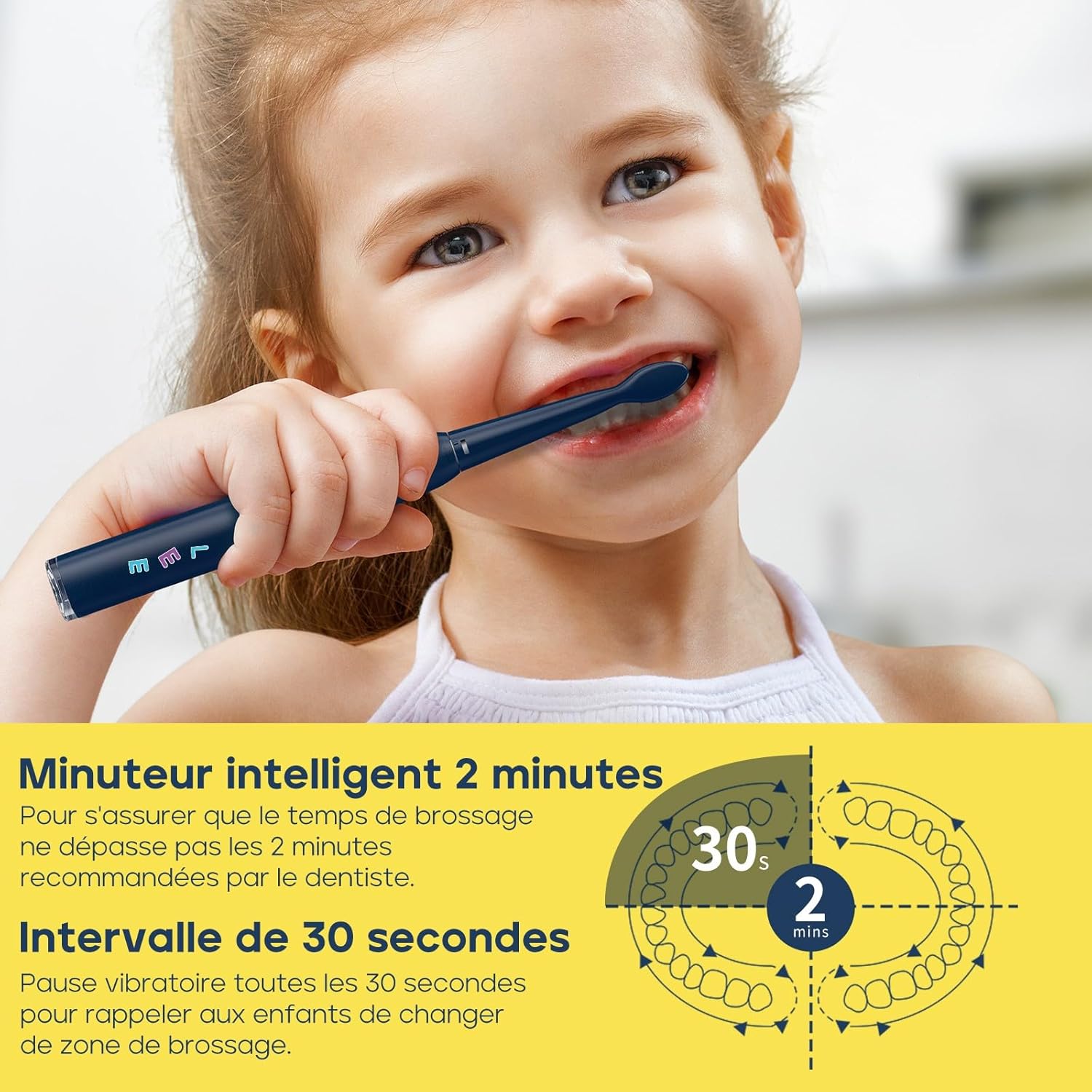 Thumbnail 5 de Seago SG2303 brosse à dents électrique rechargeable pour enfants (bleu marine) avec minuterie 2 minutes et 8 têtes