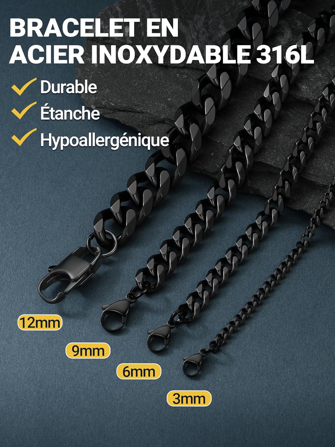 Thumbnail 5 de PROSTEEL Gourmette cubaine en acier inox 316L (maillons cubains) largeur au choix, bracelet homme femme