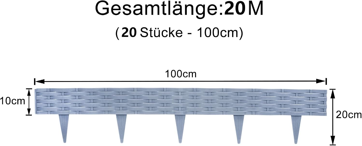 Detalle de Aufun 20m Rattan Rasenkante – flexible Beetumrandung aus PP mit 20 Elementen (100 cm), Grau